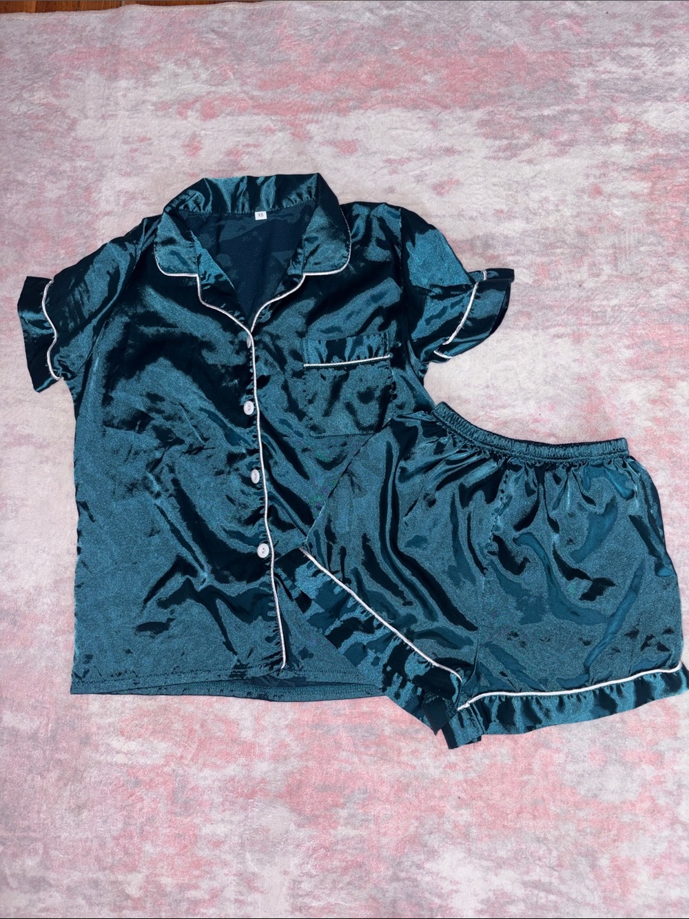 Satin Short Sleeve Pajama Set - Teal with White Lining